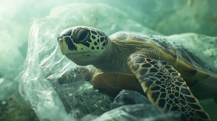 Poster - A turtle swimming in a plastic bag floating on the surface of the water, with its head poking out