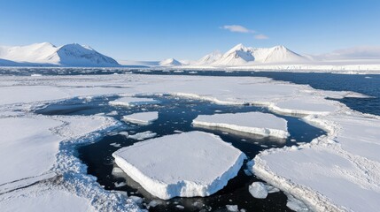 Panoramic aerial of icy waters scattered with broken glaciers, reflecting a surreal Arctic landscape framed by majestic snow-capped peaks.