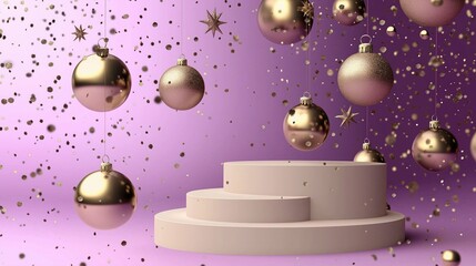 Wall Mural - Empty podium, for product demonstration, light purple background with balloons, Christmas holiday. A platform for product demonstrations. A stage showcase.