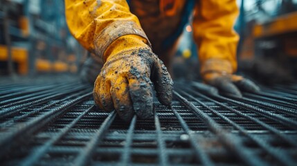 Aufkleber - A construction worker in a bright yellow rain suit is kneeling on a site, skillfully placing steel rebar into position, ready for concrete work.