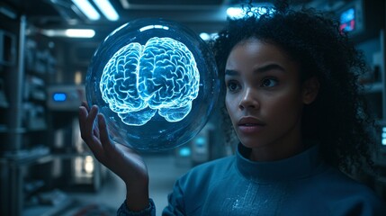 Poster - Doctor holding a holographic brain model, using augmented reality to explain a diagnosis to a patient with empty space for text