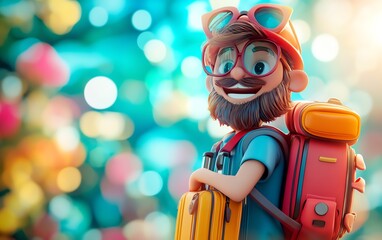 Whimsical 3D style character of a vacationer with a suitcase, expressing excitement for travel, bright colors and fun elements in the background