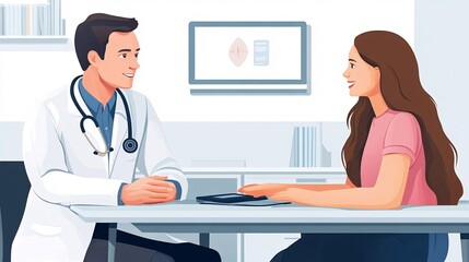 Fototapete - Patient and doctor engaging in a telemedicine call, with the doctor in a clinical office setting and patient at home, fostering accessible healthcare with empty space for text