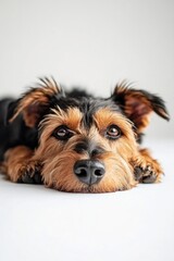 Wall Mural - A domestic dog is lying down on a clean, white surface