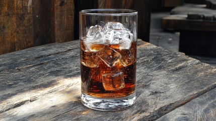 Poster - A clear glass filled with ice sits atop a rustic wooden table, ready for refreshment or decoration