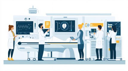 Poster - Medical team analyzing patient metrics in a smart hospital room, where AI and IoT devices aid real-time monitoring with empty space for text