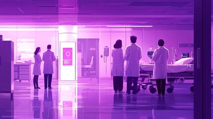 Poster - Medical team analyzing patient metrics in a smart hospital room, where AI and IoT devices aid real-time monitoring with empty space for text