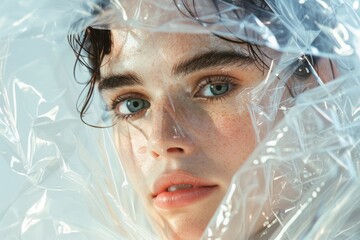 Fototapete - A close-up shot of a person's face wearing a plastic bag, great for representing anonymity or hiding