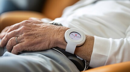 Poster - Patient scanning a wearable ECG monitor to record heart metrics, demonstrating remote patient monitoring technology with empty space for text