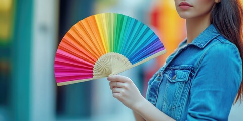 Poster - A woman holds a colorful fan in her hand