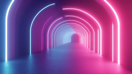 Aufkleber - A vibrant, illuminated corridor with glowing arches in pink and blue hues.