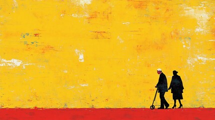 Poster - Elderly man using a walker with support from a caregiver, receiving encouragement to move confidently in a homely environment with empty space for text