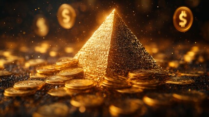 Aufkleber - The golden pyramid is prominently displayed among shiny coins, with floating dollar symbols enhancing the theme of wealth and prosperity in a dark, mystical ambiance.