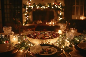 Poster - A beautifully arranged Christmas table features a large bowl of festive dishes surrounded by glowing candles and lush greenery. Generative AI