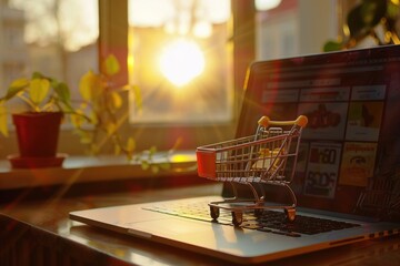 Poster - A shopping cart icon is displayed on top of a laptop computer, suggesting e-commerce or online shopping