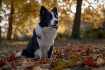 Poster - A dog sits amidst autumn foliage, its coat standing out against the brown and yellow leaves