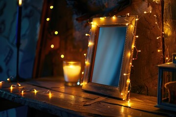 Poster - A simple setup featuring a mirror, wooden table, and lit candle