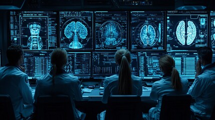 Fototapete - Diverse group of healthcare workers in a conference room, discussing patient care strategies and looking at a digital chart display with empty space for text
