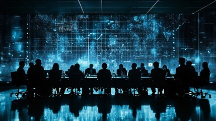 Fototapete - Diverse group of healthcare workers in a conference room, discussing patient care strategies and looking at a digital chart display with empty space for text