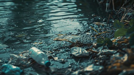 Poster - A picture of trash floating on the surface of a body of water, likely an environmental concern