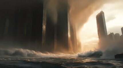 Poster - A dramatic scene of towering structures amidst turbulent waters and ominous skies.