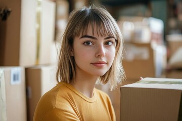 Aufkleber - A woman standing in a warehouse, holding a box