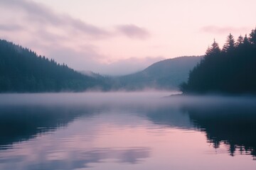 Poster - A serene lake scene with a small boat floating in the center, surrounded by lush greenery and possibly a pier or shore