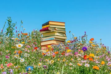 Poster - A pile of books surrounded by vibrant flowers in a green meadow