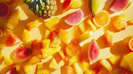Aufkleber - Brightly sliced tropical fruits like pineapples, mangoes, and papayas are beautifully displayed against a vivid background. Generative AI