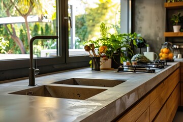 Poster - A kitchen counter with a sink and a window, perfect for use in home decor or real estate photoshoots
