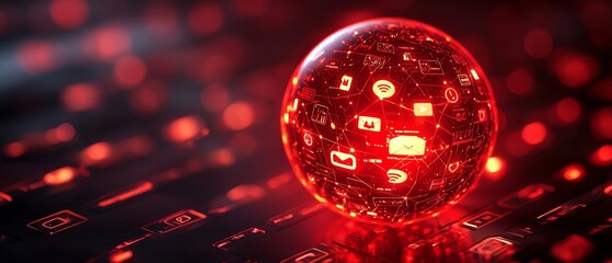 Poster - A captivating scene of a red linked sphere filled with glowing social media icons and messages, symbolizing the vibrant world of social networking technologies and user engagement