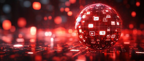 Poster - A captivating scene of a red linked sphere filled with glowing social media icons and messages, symbolizing the vibrant world of social networking technologies and user engagement