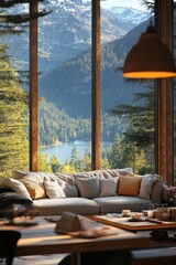 Poster - Living room interior design with comfortable furniture and a large window