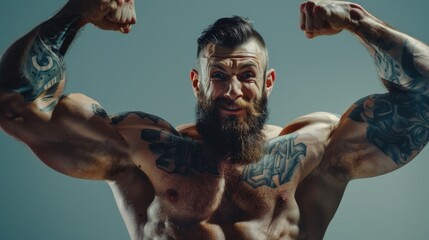 Poster - A man with a beard and tattoos poses flexed, showing off his muscular physique