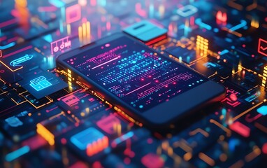 Poster - A creative scene featuring a laptop and smartphone, surrounded by colorful graphics of social networking technology, illustrating the dynamic nature of online connectivity