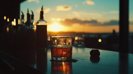 Aufkleber - A glass of whiskey sits alone on a table, waiting for someone to pick it up