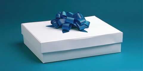 Poster - A small white gift box wrapped with a blue ribbon and tied with a bow, perfect for presents or special occasions