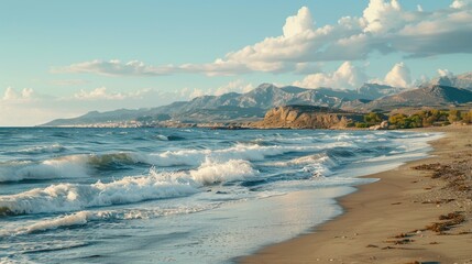 Poster - Scenic landscape of ocean and mountains from a beach, great for travel or nature-themed projects