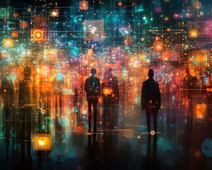 Poster - A digital concept art of social networking technologies, featuring interactive digital profiles, holographic message notifications, and interconnected online connections