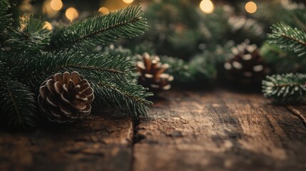 Poster - A natural centerpiece featuring pine cones and evergreen branches on a wooden table
