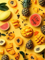 Aufkleber - Colorful tropical fruits like mangoes, pineapples, and papayas are beautifully sliced and displayed against a vivid yellow backdrop. Generative AI