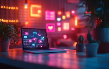 Poster - A futuristic workspace with a laptop and smartphone displaying different social media applications, interconnected by glowing lines of data to highlight modern communication