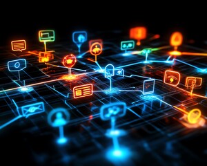 Poster - A hightech illustration of social networking technology, with glowing digital pathways, user avatars, and messaging bubbles creating a network of online communication