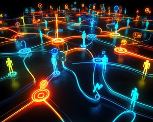 Poster - A hightech illustration of social networking technology, with glowing digital pathways, user avatars, and messaging bubbles creating a network of online communication