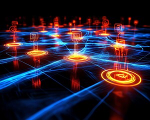 Poster - A hightech illustration of social networking technology, with glowing digital pathways, user avatars, and messaging bubbles creating a network of online communication