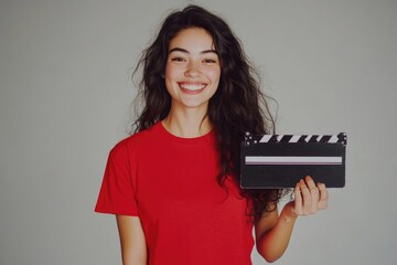 Poster - A woman holds a clapboard in her hand, ready for filming or photography
