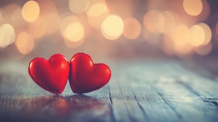 Poster - Two decorative hearts on a wooden surface with a blurred bokeh background.