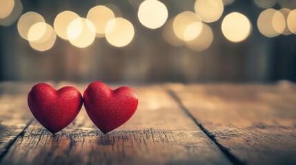 Poster - Two red heart decorations on a wooden surface with a blurred light background.