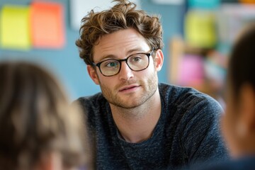 Poster - A person wearing glasses sits at a desk or table, possibly studying or working