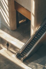 Aufkleber - Person walking down escalator in a modern building, suitable for use in travel or urban settings